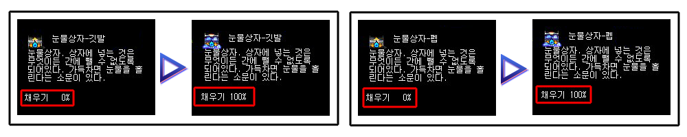 눈물상자-깃발 · 눈물상자-펩 채우기 0% → 100%